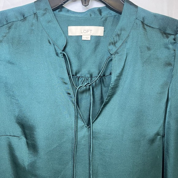 Loft Women's Small Green Tie Neckline‎ Baby Doll Pullover Long Sleeve Blouse - Picture 3 of 5